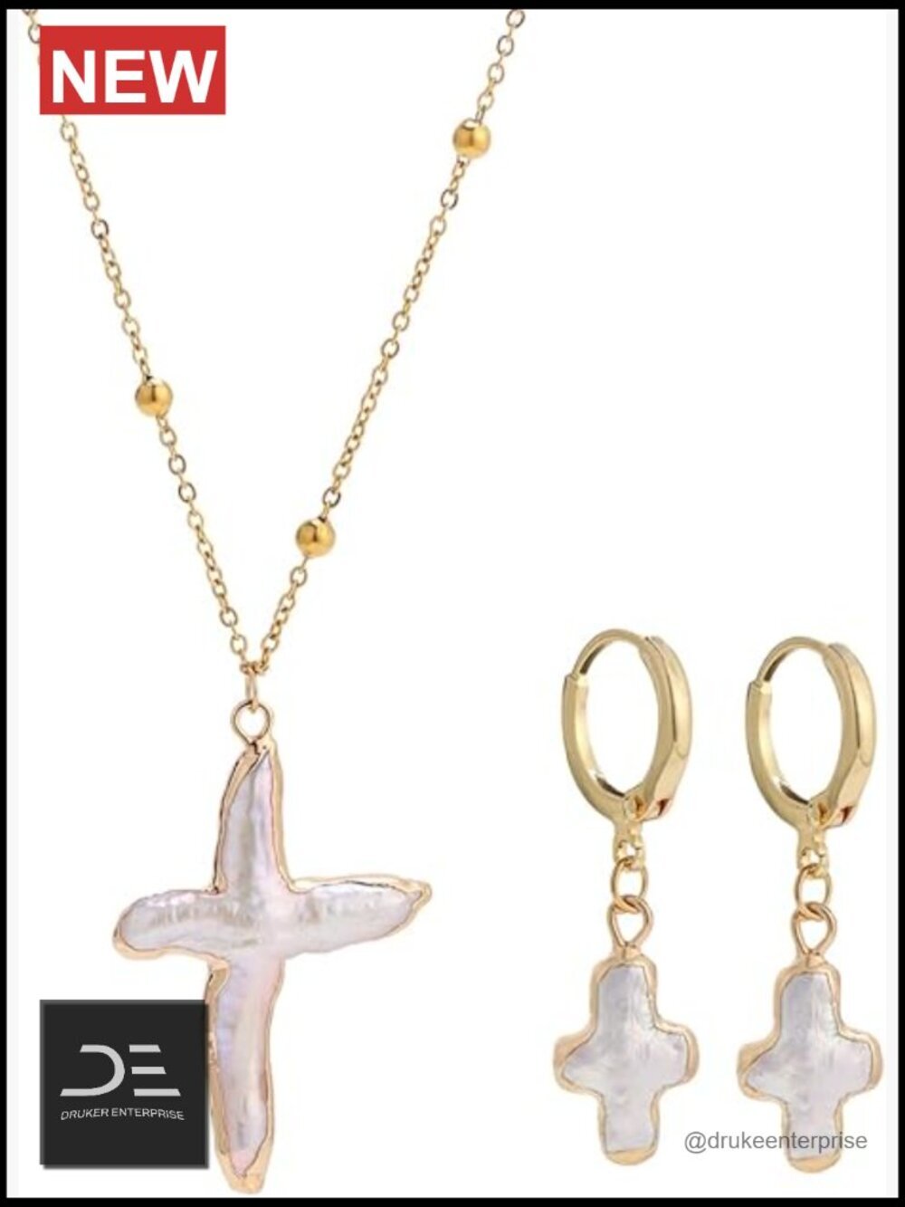 Freshwater Pearl Cross Necklace & Earring Set Baroque Gold